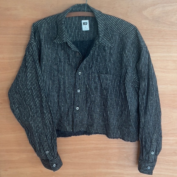 NSF Lyaunna Cut Off Shirt Sz S Small Black White Striped Cotton Crop Minimalist - Picture 2 of 7